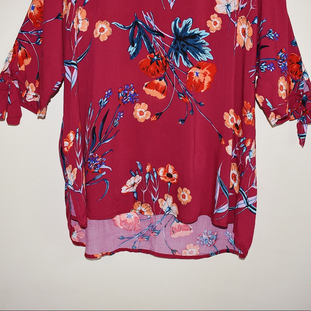 Umgee Pink and Red 3/4 Sleeve Tie Front Blouse - Picture 4 of 8